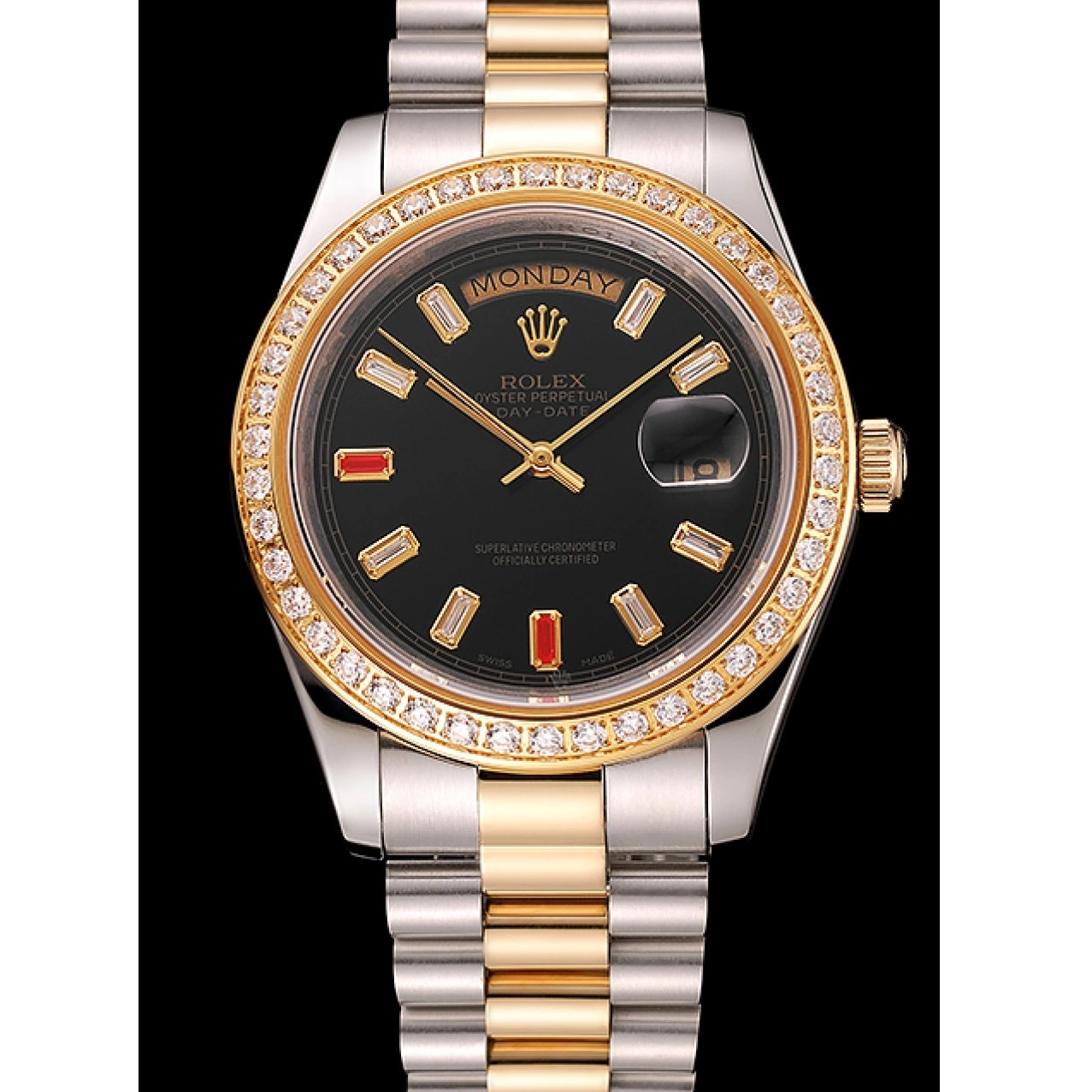 AAA replica watch 1454105 Bracelet Swiss Two Diamonds Black Rolex Dial Tone And Day-Date Rubies 1014